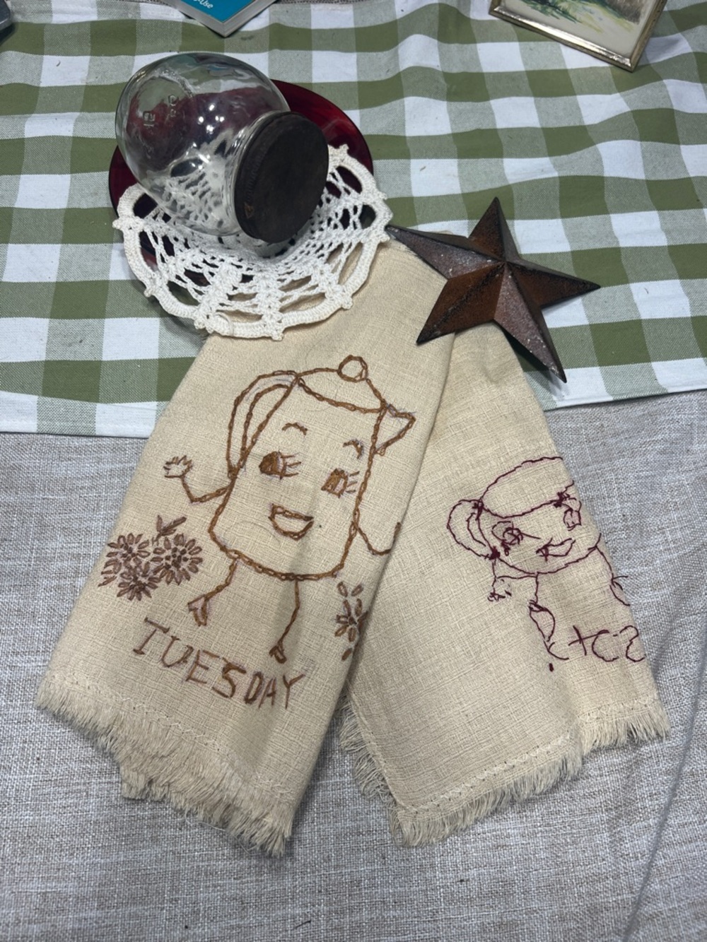 Vintage Beige Embroidered Kitchen Towels with Brown and Maroon Stitching